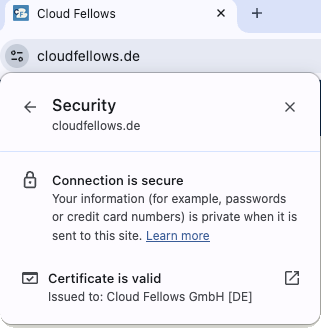 Chrome security view showing a valid certificate issued to Cloud Fellows GmbH in Germany