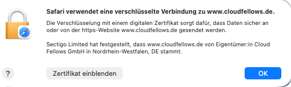 Safari connection security view identifying Cloud Fellows GmbH as the website owner