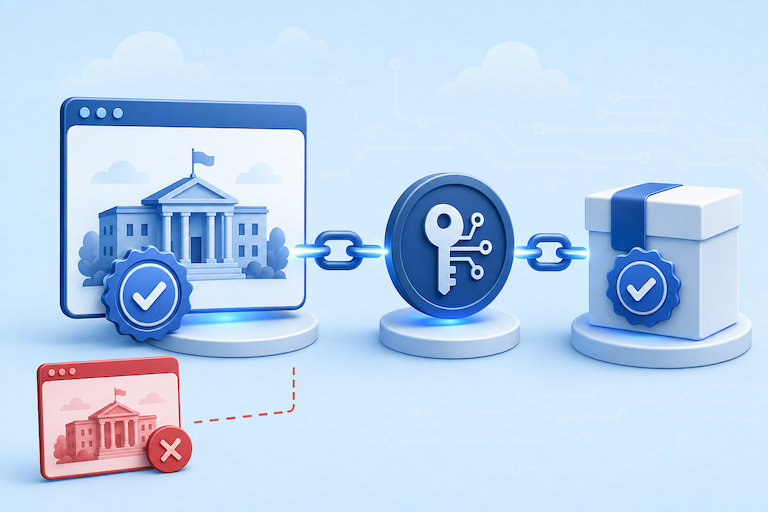 A verified website identity linked to a software-signing key and an authenticated package